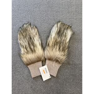 Carolina Amato Women's One Size‎ Beige Cashmere Blend Faux Fur Knit Mittens NWT